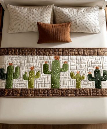 Cactus Garden Glow Quilted Bed Runner - Desert Floral Accent Throw For Bed & Bench , Soft Cotton, Reversible, Easy Care