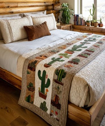 Cactus Garden Quilted Bed Runner — Playful Desert Botanical Print, Soft Quilted Accent For Sofa Or Bed, Reversible & Easy Care