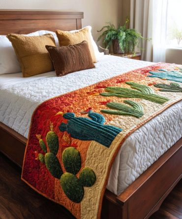 Cactus Sunset Serenity Quilted Bed Scarf — Southwestern Desert Bed Runner, Sunset Cactus Motif For Warm Bedroom Styling, Reversible & Easy-Care
