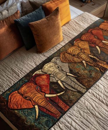 Calm Elephant Quilted Bed Runner — Serene Safari Bed Scarf With Gentle Elephant Motifs, Handcrafted Cotton Accent For Cozy Interiors
