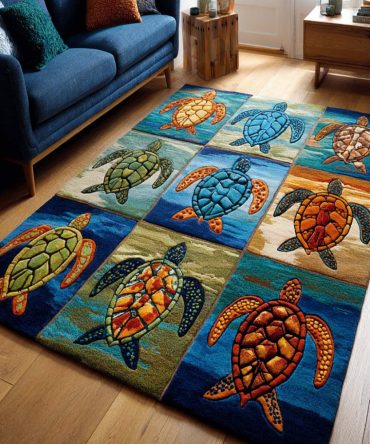 Calm Turtle Coastal Area Rug — Serene Ocean-Inspired Low-Pile Rug For Beach Houses, Bathrooms, Nursery & Living Rooms, Easy-Clean