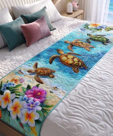 Serene Turtle Quilted Bed Runner — Ocean-Inspired Bedding Accent, Lightweight Cotton-Blend Throw, Machine Washable For Queen & King