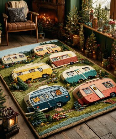 Camp Escape Patterned Area Rug — Scenic Outdoor-Inspired Rug For Family Rooms, Entryways & Cabins, Durable Low-Pile Accent