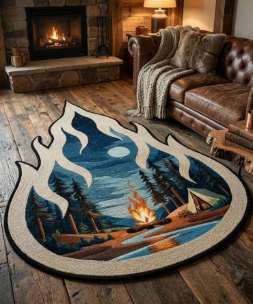 Campfire Night Scene Custom Shaped Rug — Whimsical Campfire & Starry Sky Floor Accent, Unique Cut Rug For Kids Rooms & Themed Spaces