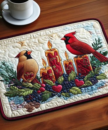 Candlelight Cardinals Quilted Placemat — Warm Holiday Table Accent with Cardinal & Candle Motifs, Quilted Insulation for Hot Dishes, Easy-Clean Fabric