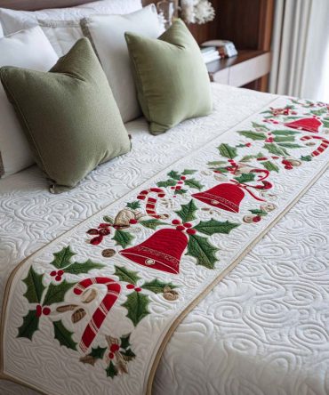 Candy Cane Bells Quilted Bed Runner – Playful Holiday Bedding Accent With Festive Motifs, Durable Decorative Runner For Beds & Guest Rooms