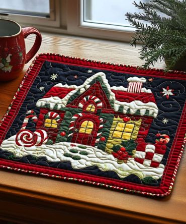 Candy Cane Cabin Quilted Placemat — Festive Holiday Table Accent, Cozy Red & White Christmas Cotton Quilting