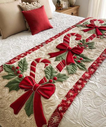 Candy Cane Joy Quilted Bed Runner — Red & White Holiday Bed Scarf, Festive Christmas Bedding Accent, Reversible, Washable