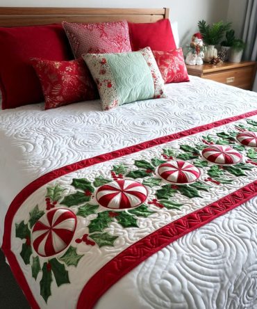Candy Garland Quilted Bed Runner - Festive Sweet Treat Holiday Bed Scarf, Vibrant Candy Cane Colors, Perfect Seasonal Gift