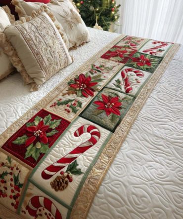 Candy & Poinsettia Festive Quilted Bed Runner — Bright Holiday Floral And Candy Motif, Soft Cotton-Blend, Reversible & Washable