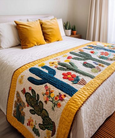 Canyon Bloomscape Quilted Bed Runner - Textured Floral Western Accent For Beds & Sofas , Premium Cotton, Lightweight, Reversible