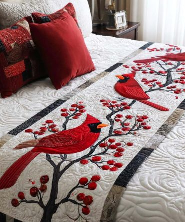 Cardinal Branches Quilted Bed Runner — Nature-Inspired Bird & Branch Design, Quilted Decorative Throw For Winter Bedrooms & Living Rooms, Soft & Easy-Care