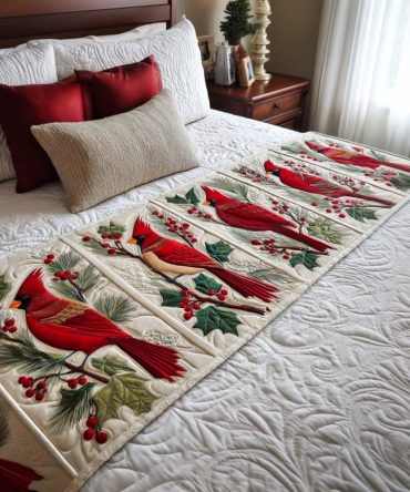 Cardinal Branches Quilted Bed Scarf — Red Cardinal & Branch Runner, Reversible Cotton-Blend Accent For Festive Or Year-Round Nature Decor