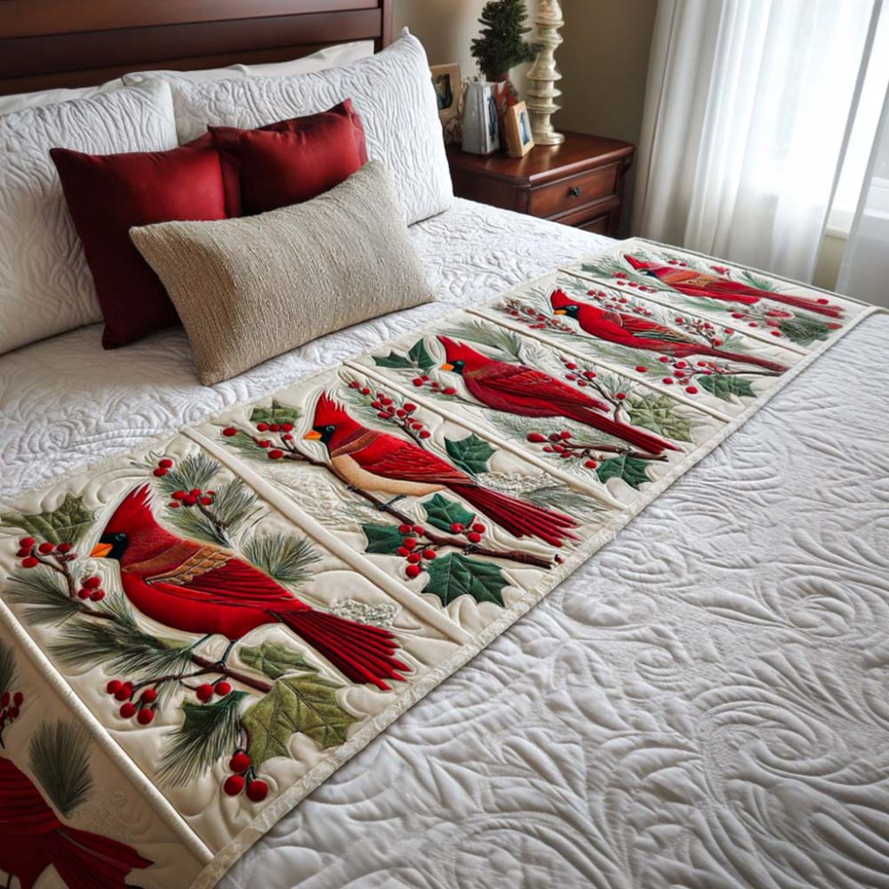 Cardinal Branches Quilted Bed Scarf — Red Cardinal & Branch Runner, Reversible Cotton-Blend Accent For Festive Or Year-Round Nature Decor
