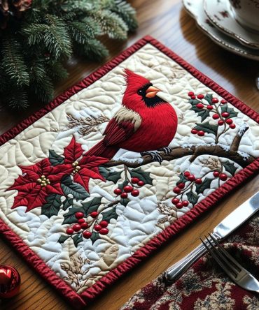 Cardinal Charm Quilted Placemat — Charming Red Bird Cotton Table Mat with Protective Quilting, Machine Washable for Seasonal Tables