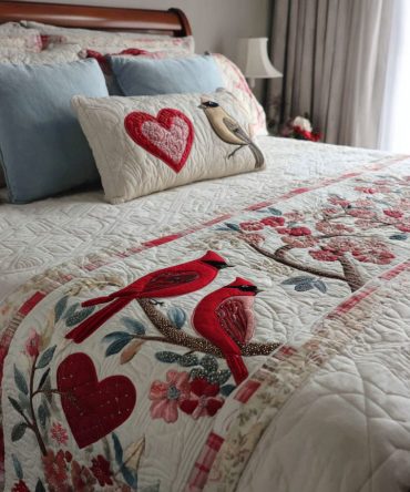 Cardinal Embrace Quilted Bed Runner - Cozy Red Cardinal Motif Bed Scarf For Queen & King Beds, Decorative Bedroom Accent