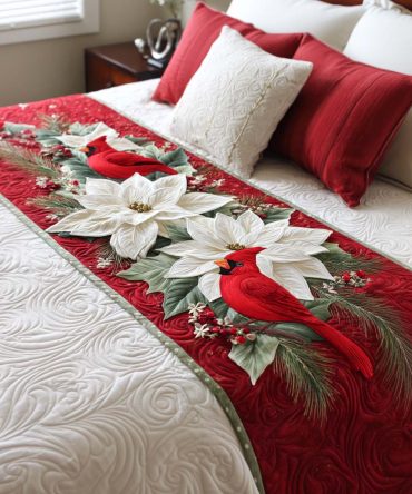 Cardinal Joy Quilted Bed Runner - Red Bird Holiday Bedding Accent, Elegant Winter Decor, Soft Feel, Reversible & Easy Care
