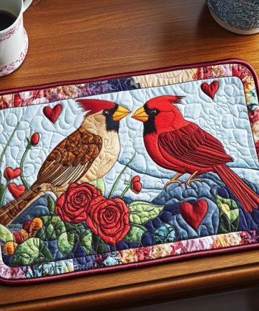 Cardinal Love Quilted Placemat — Festive Red Cardinal Table Accent, Quilted Padded Protection for Holiday Dining, Durable & Machine-Washable
