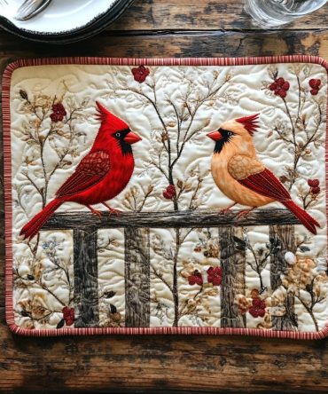 Cardinal Accent Quilted Placemat — Seasonal Bird-Themed Cotton Table Mat, Heat-Resistant, Machine Washable Dining Accent