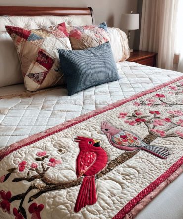 Cardinal Meadow Quilted Bed Runner - Vibrant Cardinal & Floral Bed Scarf For Queen & King Beds, Seasonal Decorative Throw