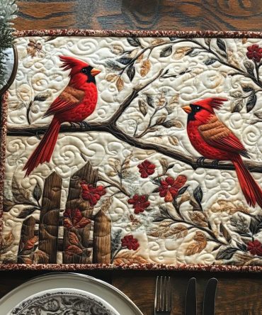 Cardinal Melody Quilted Placemat — Decorative Bird-Themed Cotton Table Mat with Insulating Quilting, Easy Care Holiday Accent