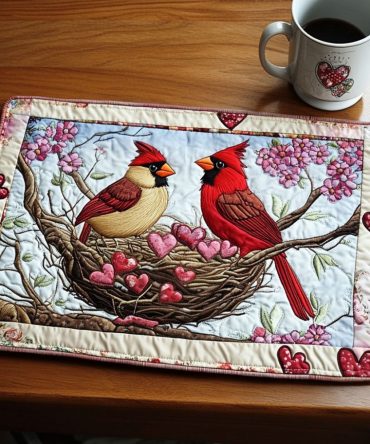 Cardinal Nest Quilted Placemat — Red Bird Nest Motif Table Mat with Soft Padded Cotton, Stain-Resistant, Machine-Washable & Country Kitchen Charm
