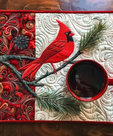 Cardinal Whisper Quilted Placemat — Red Bird Table Accent, Nature-Inspired Holiday Decor, Durable Quilted Dining Mat for Winter Entertaining