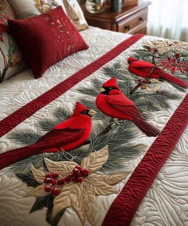 Cardinal Whispers Quilted Bed Scarf - Classic Cardinal Bird Runner For Couches & Beds, Cotton-Blend, Subtle Festive Charm
