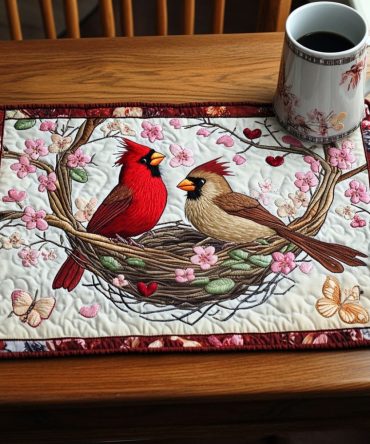Cardinals In Bloom Quilted Table Placemat – Floral & Bird Motif Cotton Mat, Decorative Quilting, Heat-Resistant, Machine-Washable For Garden-Inspired Dining