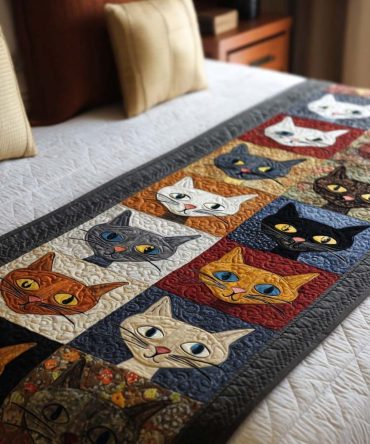 Playful Cartoon Cats Quilted Bed Scarf — Plush Reversible Runner For Children’S Rooms, King/Queen Size, Durable Cotton Blend, Easy Care