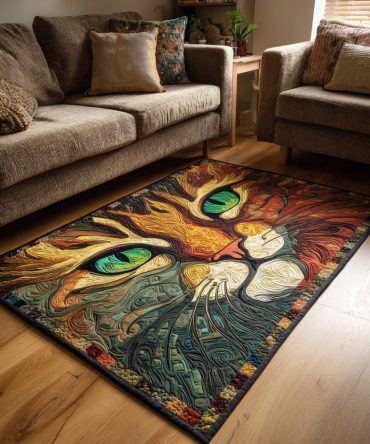 Cat Flame Bold Graphic Area Rug — Fiery Feline Illustration In Vibrant Orange & Black, Statement Rug, Durable Low-Pile For High Traffic