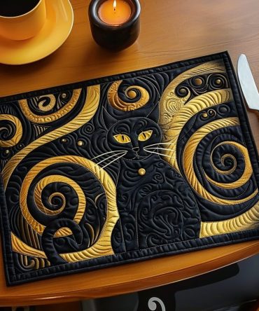Nighttime Magic Cat Quilted Placemat — Enchanting Night Cat Table Mat, Cotton Quilted, Machine Washable, Non-Slip, Perfect Cat-Themed Gift