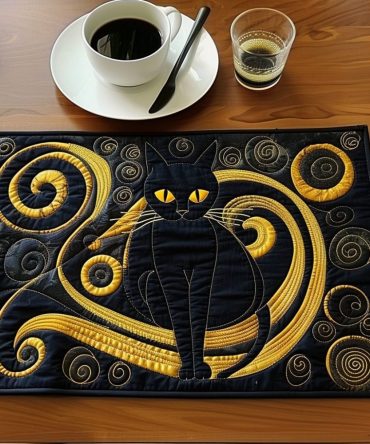 Shadowy Cat Magic Quilted Placemats — Noir Cat Table Protector, Soft Cotton Quilted, Machine Washable, Non-Slip, Sleek Gothic Decor