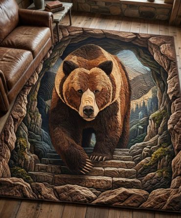 Cave Bear Rustic Area Rug — Vintage Wilderness Bear Illustration In Earth Tones, Durable Low-Pile Hallway Runner, Stain-Resistant Pet-Safe
