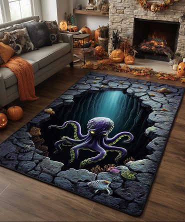 Cave Kraken Lair Designer Area Rug — Oceanic Monster Motif, Bold Nautical Accent Rug For Living Rooms And Game Rooms