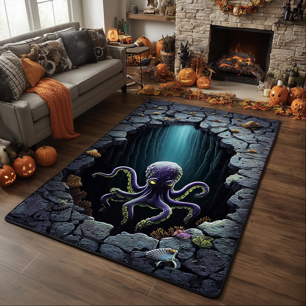 Cave Kraken Lair Designer Area Rug — Oceanic Monster Motif, Bold Nautical Accent Rug For Living Rooms And Game Rooms