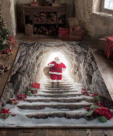 Festive Cave Santa Claus Holiday Area Rug — Whimsical Christmas Accent Rug With Cozy Cabin Vibes For Entryways & Living Rooms