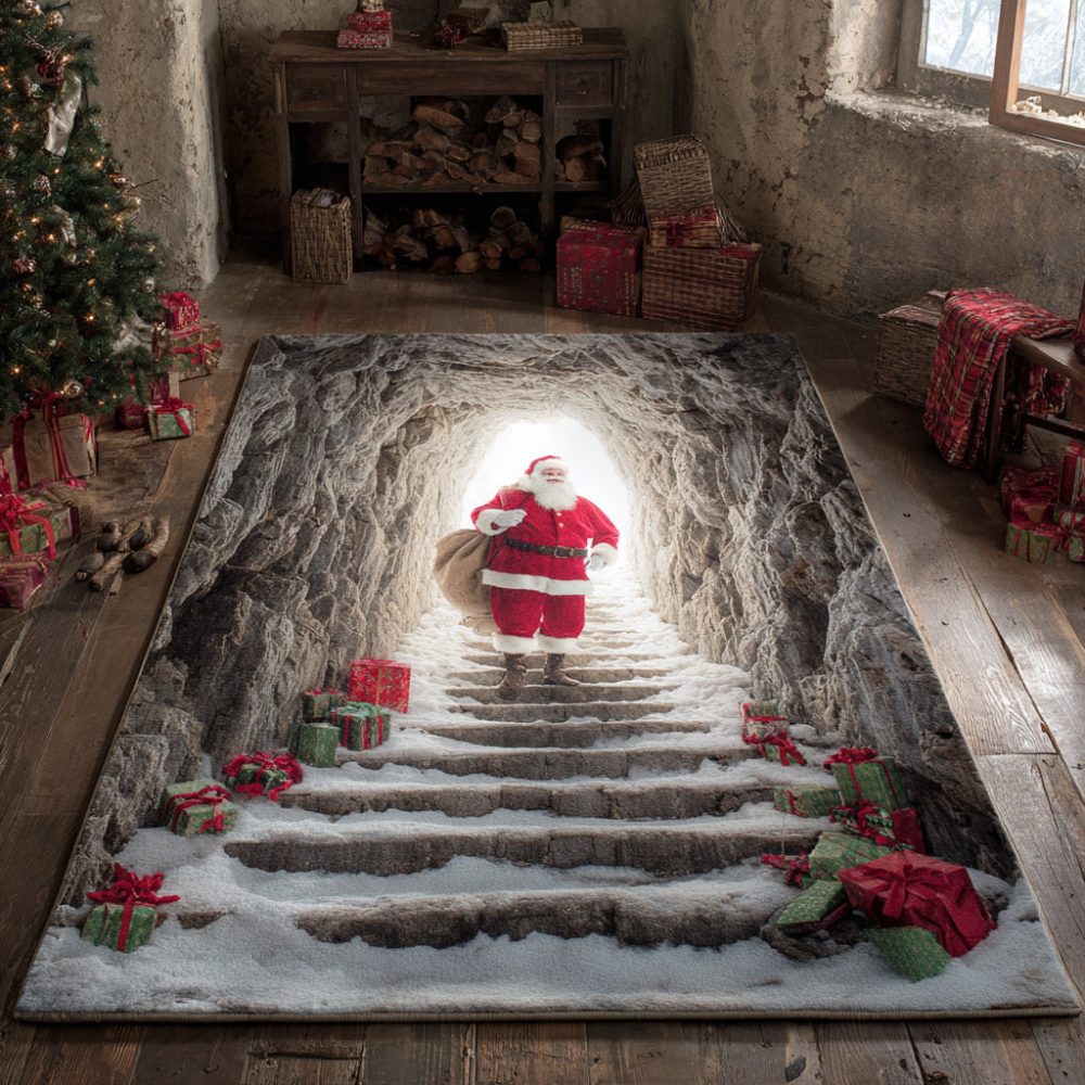 Festive Cave Santa Claus Holiday Area Rug — Whimsical Christmas Accent Rug With Cozy Cabin Vibes For Entryways & Living Rooms
