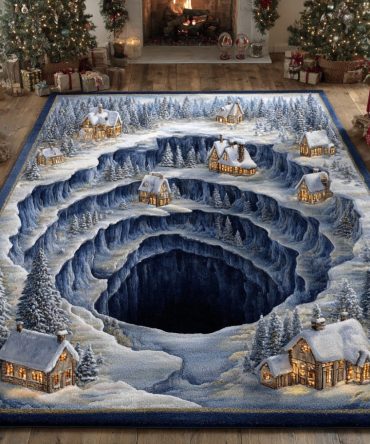 Cavern Christmas Village Holiday Area Rug — Vintage Winter Village Scene, Cozy Seasonal Accent Rug For Living Rooms & Entryways