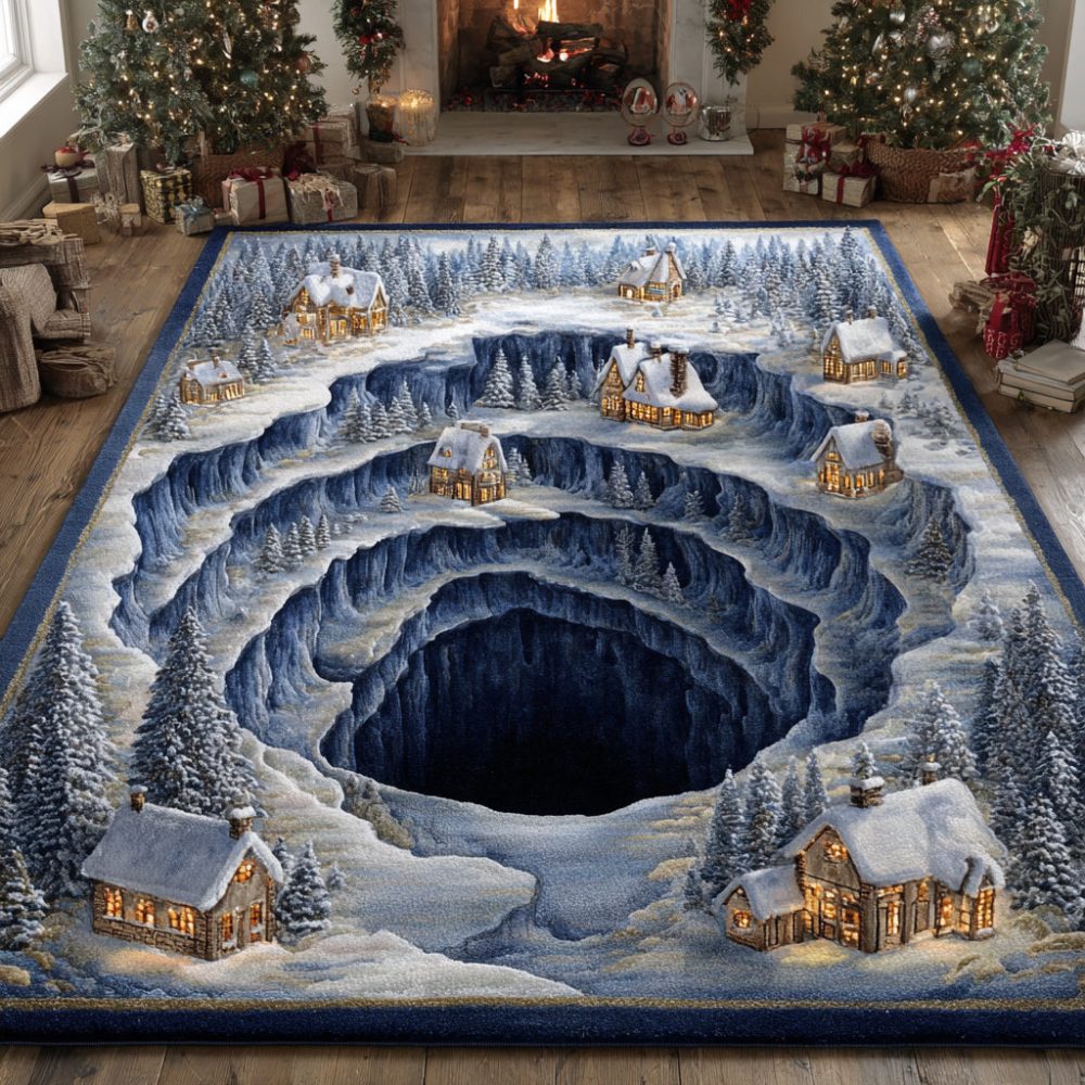 Cavern Christmas Village Holiday Area Rug — Vintage Winter Village Scene, Cozy Seasonal Accent Rug For Living Rooms & Entryways