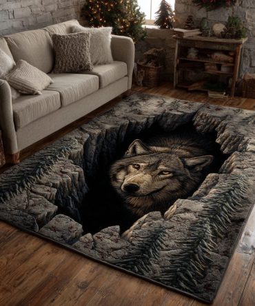 Cavern Wolf Gaze Statement Area Rug — Bold Wildlife Motif, Rustic Cabin Accent Rug For Living Rooms, Bedrooms, And Cabins