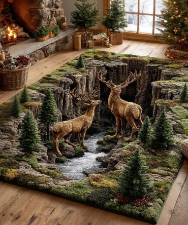 Cedar Deer Woodland Area Rug — Serene Forest Deer Design, Soft Low-Pile Accent Rug For Living Rooms, Nurseries, And Cabins