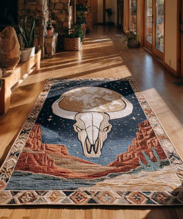 Celestial Longhorn Night Rug — Rustic Western Longhorn Design, Night-Sky Accent Rug For Living Rooms, Ranches, And Offices