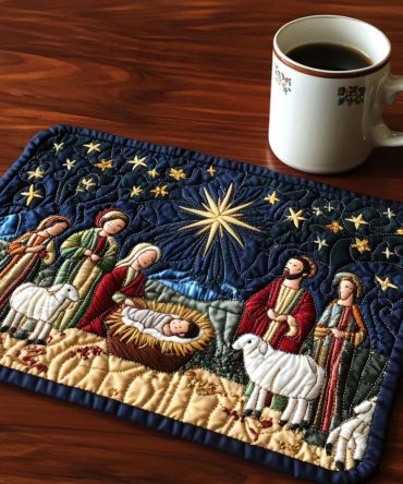 Celestial Nativity Quilted Placemat — Religious Christmas Table Decor with Nativity Motif, Soft Durable Quilting for Holiday Meals