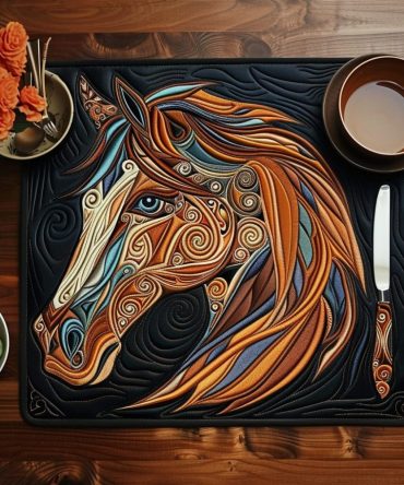 Celtic Horse Quilted Placemat — Majestic Equine Knotwork Cotton Table Mat, Rustic Dining Accent, Gift for Equestrian Lovers, Machine Washable