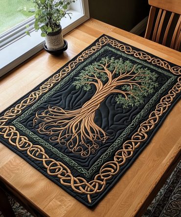 Celtic Spirit Tree Quilted Placemat — Intricate Celtic Motif, Reversible Cotton Blend, Cozy Rustic Dinner Table Accent