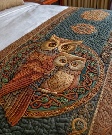 Celtic Owls Quilted Bed Runner — Heritage Knotwork & Owl Motif Accent Throw For Queen & King Beds, Timeless Rustic Charm