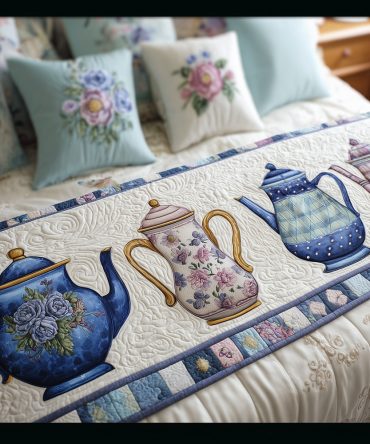 Cerulean Teatime Row Quilted Bed Scarf — Blue Tea-Inspired Runner For Coastal & Transitional Bedrooms, Soft Quilting And Decorative Border