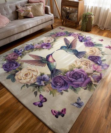 Hummingbird Charm Floral Rug — Bright Botanical Area Rug With Hummingbird Motif For Living Room, Bedroom, Kids' Room