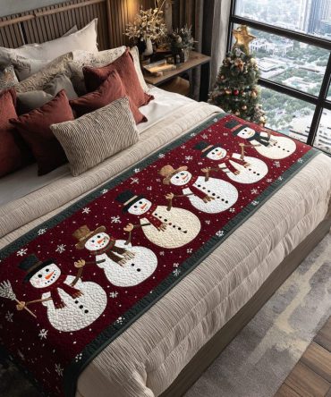 Cheerful Frost Friends Quilted Bed Runner - Playful Winter Bedding Accent, Soft Stitched Runner For Festive Bedroom Refresh